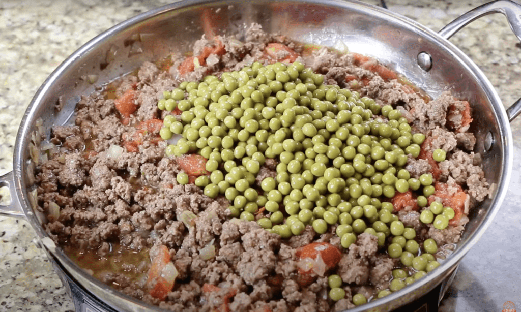 ground beef, stewed tomatoes, peas,
Tamale pie