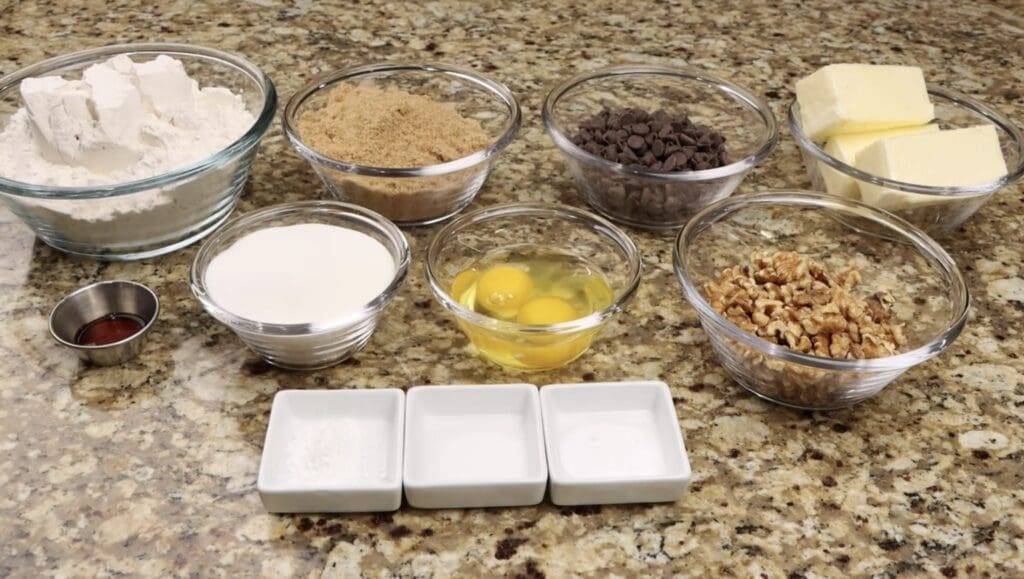 ingredients for chocolate chip walnut cookies