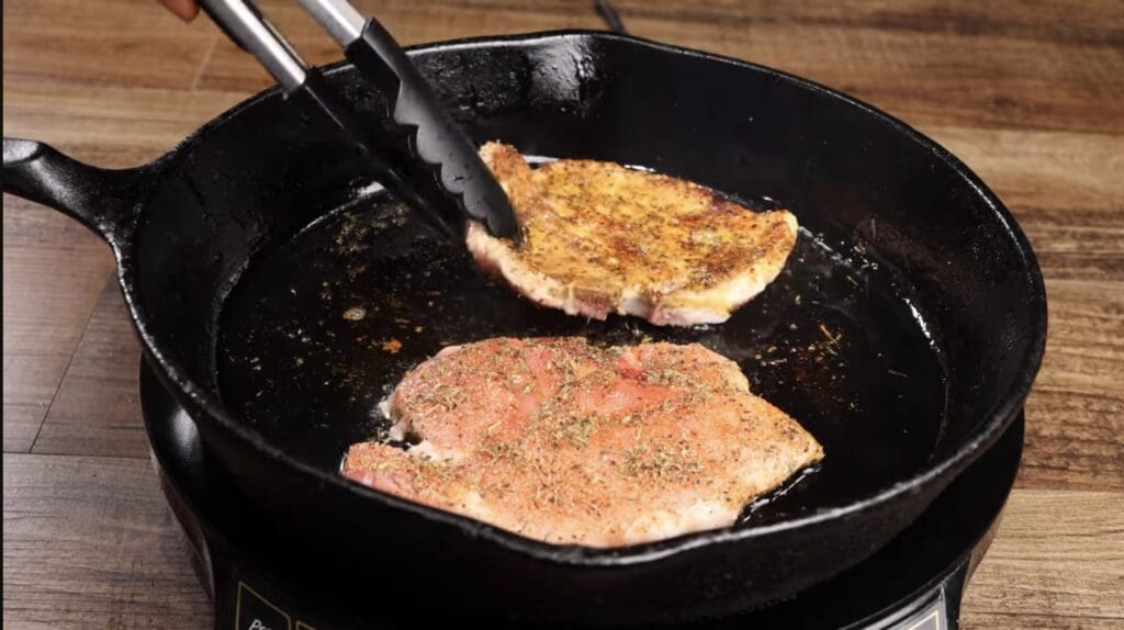 searing the pork chops