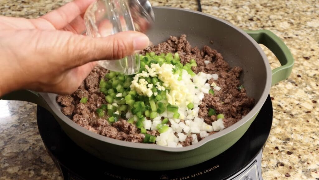 ground beef, onions, bell peppers and garlic