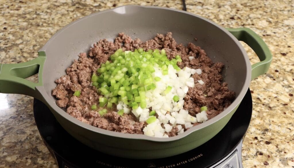 ground beef, onions, bell peppers